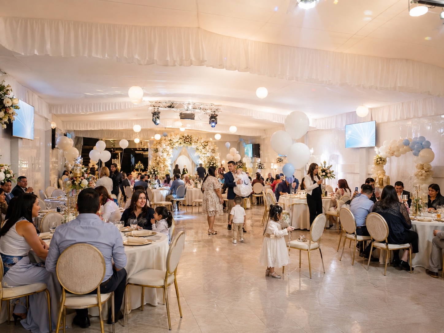 Salón para bautizos en Iztapalapa con área infantil y montaje de mesas
